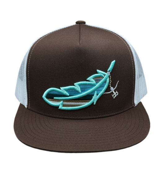 Feathered Outlaw- BRWN Turquoise Feather Flatbill Trucker Snapback Unisex OSFM