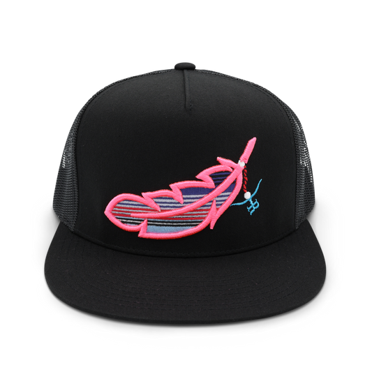 Feathered Outlaw -BLK Hot Pink Feather Flatbill Trucker Snapback Unisex OSFM