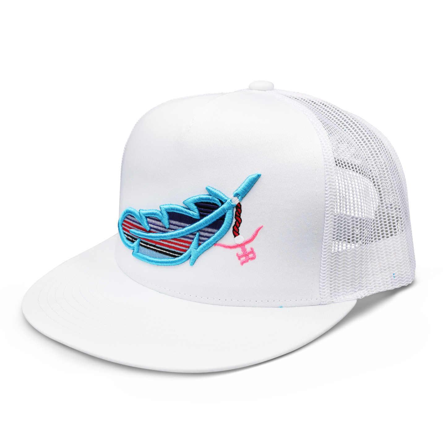Feathered Outlaw- WHT Sky Blue Feather Flatbill Trucker Snapback Unisex OSFM