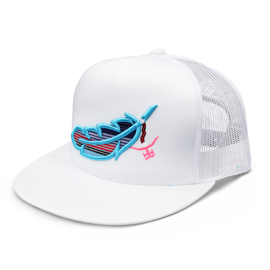 Feathered Outlaw- WHT Sky Blue Feather Flatbill Trucker Snapback Unisex OSFM