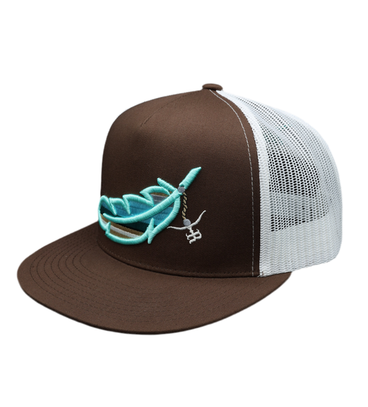 Feathered Outlaw- BRWN Turquoise Feather Flatbill Trucker Snapback Unisex OSFM
