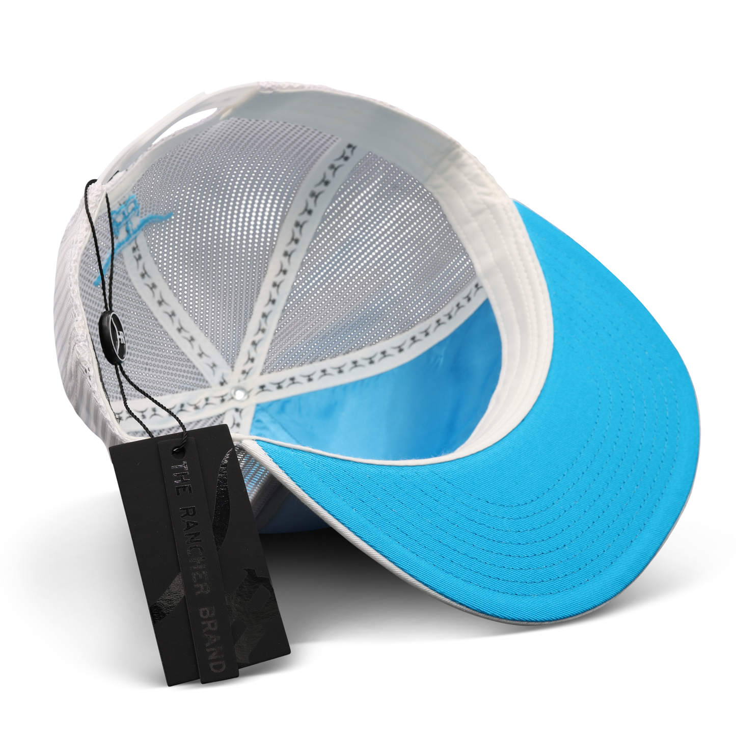 Feathered Outlaw- WHT Sky Blue Feather Flatbill Trucker Snapback Unisex OSFM