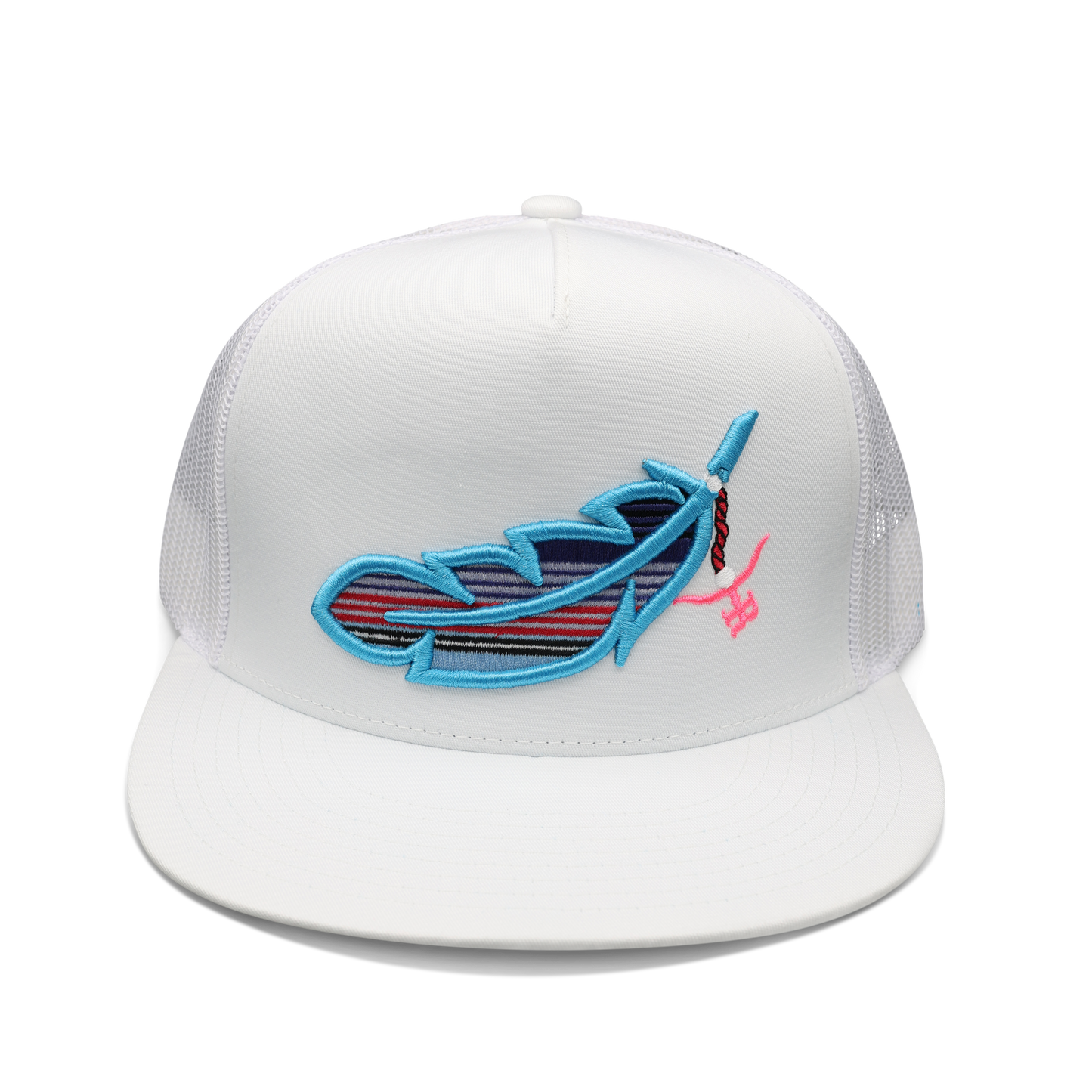 Feathered Outlaw- WHT Sky Blue Feather Flatbill Trucker Snapback Unisex OSFM