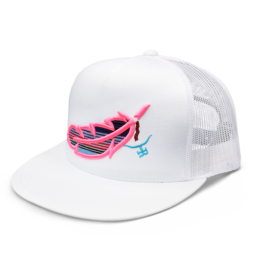 Feathered Outlaw -WHT Hot Pink Feather Flatbill Trucker Snapback Unisex OSFM
