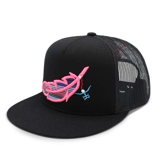 Feathered Outlaw -BLK Hot Pink Feather Flatbill Trucker Snapback Unisex OSFM