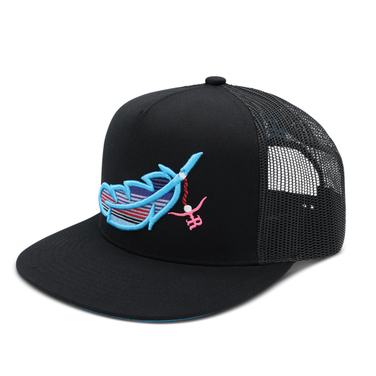 Feathered Outlaw - BLK Sky Blue Feather Flatbill Trucker Snapback Unisex OSFM